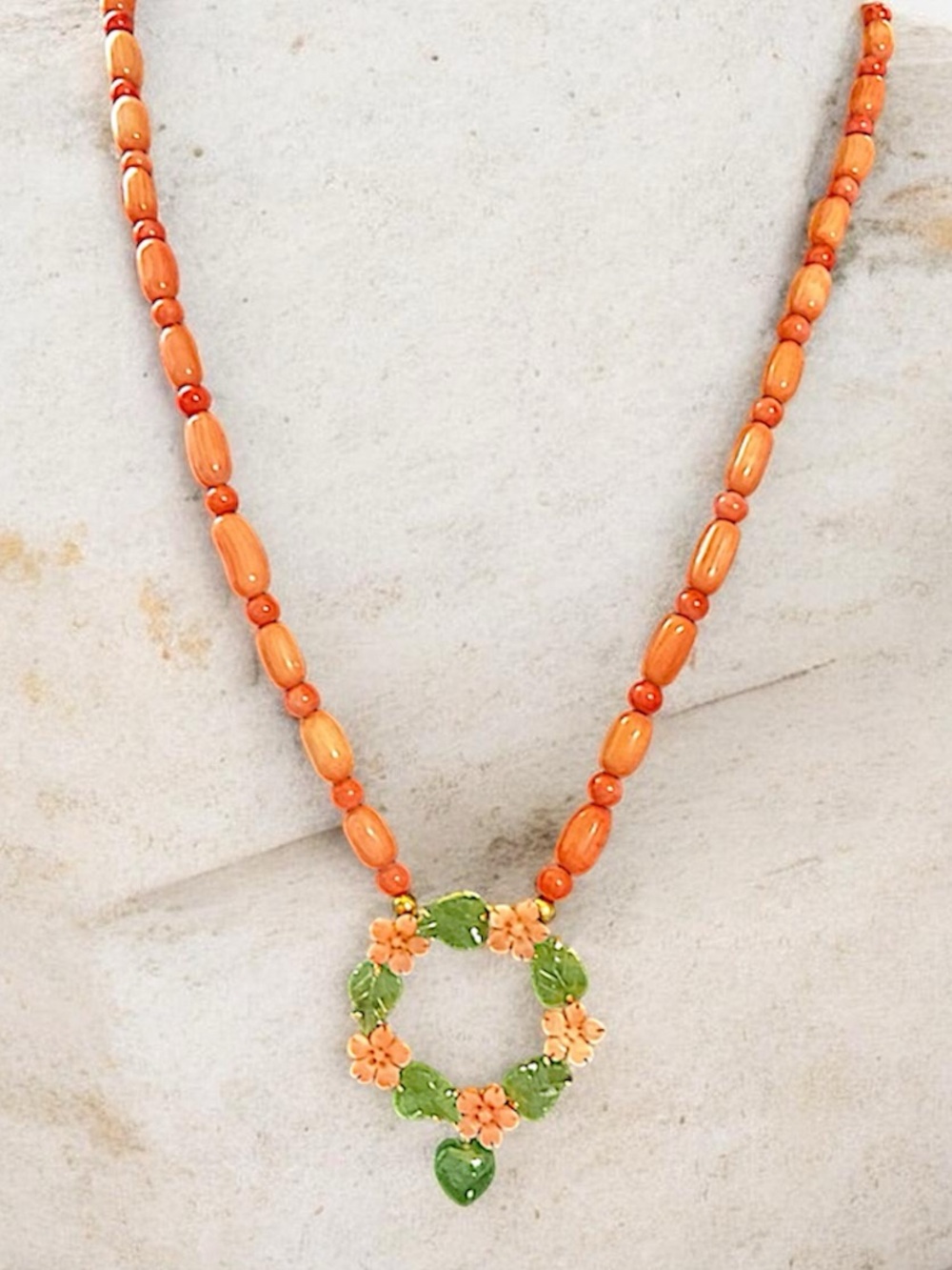Vintage Angel Skin Coral and Jade Wreath Beaded Lavalier Necklace Vermeil Clasp